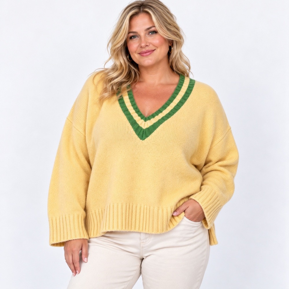 Lisa Says Gah Helena Yellow V-Neck Sweater Green Stripe Trim XL/2X NWT - Picture 1 of 9